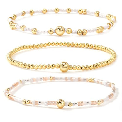 Gold Beaded Bracelet Stack for Women Colorful Small Seed Beads Bracelets Set Boho 14K Gold Plated Ball Stackable Stretch Non-Tarnish Dainty Jewelry Trendy Accessory Friendship Gift - color: pale pink and white