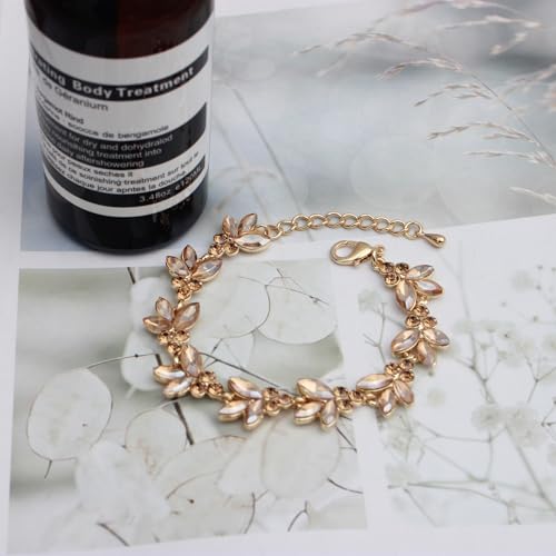 Bridal Wedding Crystal Leaf Choker Necklace Dangle Earring Bracelet Brides Bridesmaid Jewelry Set for Women - color: Champagne-Gold Plated