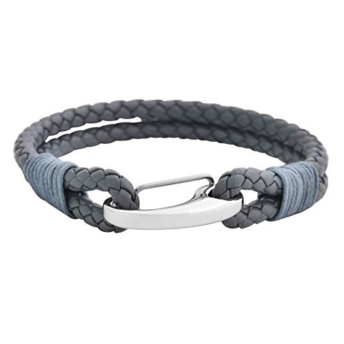 Edforce Braided Genuine Leather 2-Strand Cuff Bracelet with Stainless Steel Clasp - color: Grey