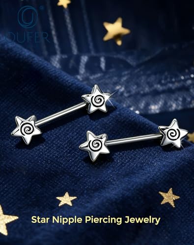 OUFER 14G Star Spiral Nipple Piercing Jewelry 316L Surgical Stainless Steel Straight Barbell 14mm Bar Length Nipple Rings for Women Men