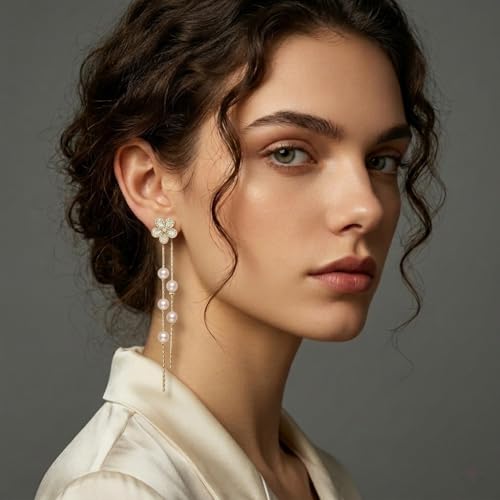 14K Gold Plated CZ Flower Dangle Earrings for Women, Sparkly Cubic Zirconia Long Tassel Drop Earrings, Bridal Wedding Jewelry - color: D:Flower earrings