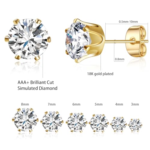 Gemsme 5 Pairs Princess Cut Cubic Zirconia Stud Earrings for Women/Men - 18K Gold Plated Hypoallergenic 3-7mm Square Clear CZ Earring Set - color: Yellow Gold-Round 6 Prong