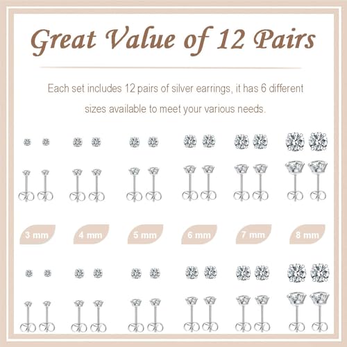 12 Pairs Stud Earrings Set, Hypoallergenic Surgical Stainless Steel 316L Earring for Women Men, Small Earring Studs Pack with Cubic Zirconia - color: Silver-6 Sizes-3，4，5，6，7，8