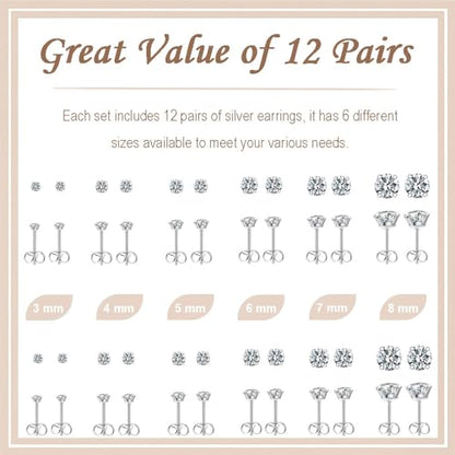 12 Pairs Stud Earrings Set, Hypoallergenic Surgical Stainless Steel 316L Earring for Women Men, Small Earring Studs Pack with Cubic Zirconia - color: Silver-6 Sizes-3，4，5，6，7，8