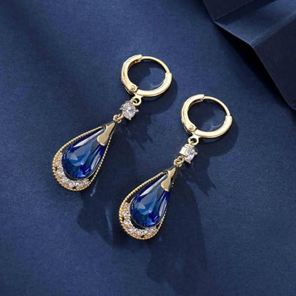 Trendy Austrian Crystal Teardrop Drop Huggie Dangle Earrings for Women 14k Rose Gold Plated Hypoallergenic Jewelry Gifts - color: Dark Blue