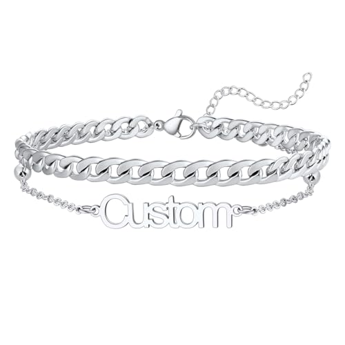 U7 Custom Layered Ankle Bracelets for Women Stainless Steel Bead/Cuban/Figaro/Rope/Wheat Chain Anklet Waterproof Anklet Jewelry for Beach Vacation - color: b-Silver-Cuban Chain