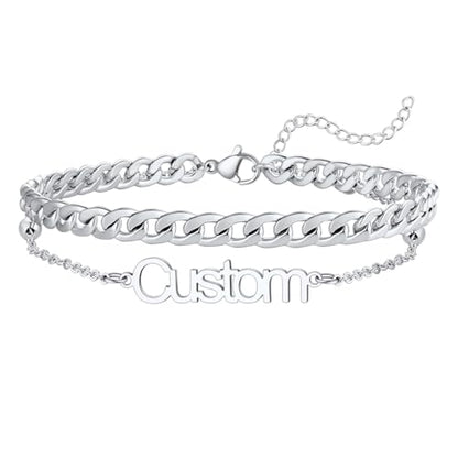 U7 Custom Layered Ankle Bracelets for Women Stainless Steel Bead/Cuban/Figaro/Rope/Wheat Chain Anklet Waterproof Anklet Jewelry for Beach Vacation - color: b-Silver-Cuban Chain