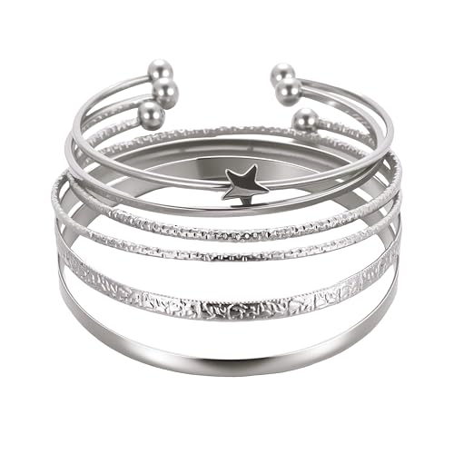 ÌF ME Gold Bangle Bracelets for Women, Indian Bangles Stackable Set, Multi Layer Textured 18K Gold Plated Chunky Bracelets Boho Jewelrys Set - style: silver-star