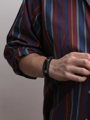 Mens Black Leather Obsidian/Turquoise/Tiger Eye/Red Agate Bracelet–Braided Multi‑Layer Wristband Cuff Bangle Bracelet with Stainless Steel Clasp Gift Jewelry Box Included - color: Obsidian Stone, size: 8.3in(Fits most wrists)
