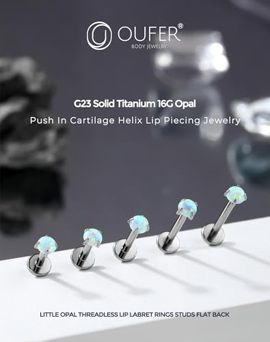 OUFER 2PCS 16G/20G Nose Lip Studs, G23 Solid Titanium Threadless Push in Nose Nostril Lip Labret Medusa Monroe Helix Cartilage Tragus Conch Lobe Piercing Jewelry for Women Men - color: Silver bar, Claw Opal, size: 2pcs, 16g 5mm, 3mm Opal