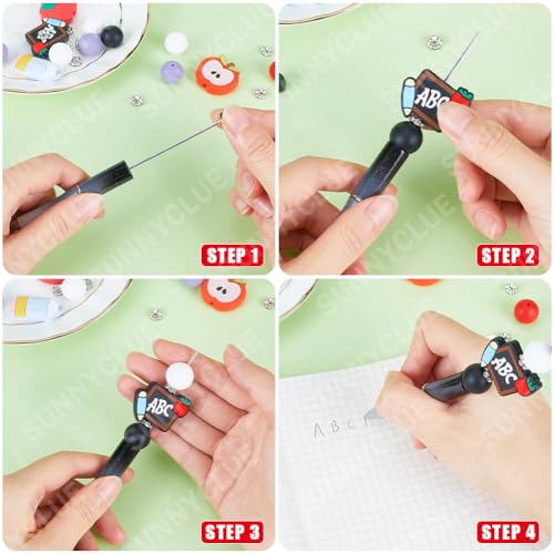 SUNNYCLUE DIY 8 Sets Beadable Pen with Beads School Teacher Silicone Focal Beads Cute Beading Pen Making Kit Beaded Pens Supplies Black Ink Ballpoint Pen Fun Beading Pen Set for Teachers Students - color: 8 Sets, Black & Red