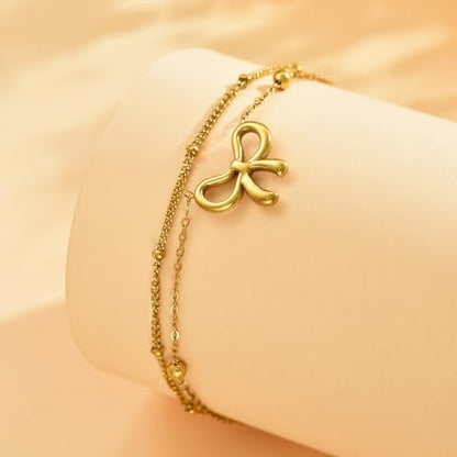 NONAMOIS 18K Gold Plated Diamond Ankle Bracelets for Women Waterproof Gold CZ Pearl Bow Link Chain Anklets Non Tarnish Summer Beach Foot Jewelry Gifts - color: Layered Satellite Bow-Gold