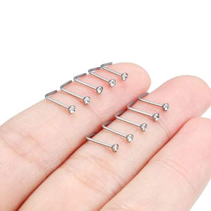 Hoeudjo Nose Studs Surgical Steel Cubic Zirconia Nose Rings Kit for Women Men Tiny Nose Stud Bone & Screw & L Shaped Nostril Piercing Jewelry 18/20/22/24 Gauge 10 Pieces - color: silver-tone,L-shaped nose studs, size: 22g/2mm clear CZ