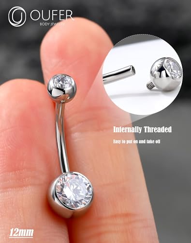 OUFER Belly Button Rings Surgical Steel, Internally Threaded Belly Rings | 14G Belly Piercing Jewelry, 10/12/14/16mm Beachy Belly Button Rings, Silver/Gold Navel Piercing Jewelry For Women Men - color: Clear, size: 14G 12MM