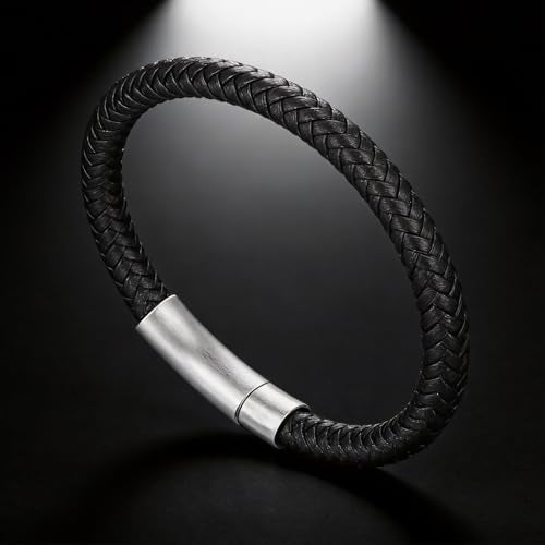 Men's Leather Bracelet, Stackable Stainless Steel Clasp Bracelets for Men Stylish Birthday, Thanksgiving, Valentine's Day Gift for My Man (8.2" Black Leather) | Men's Accessory, Leather Band, Stainless Steel, Wrist Bracelet
