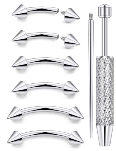 Internally Threaded Eyebrow Piercing Jewelry Surgical Steel Tiny Eyebrow Rings Vertical Labret Lip Jewelry Small Ear Rook Earring for Women Men 18g 16g 14g Plus Piercing Ball Grabber Tool - color: silvertone, size: 14g,spike end