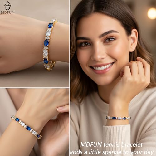 MDFUN 18K White/Yellow Gold Plated Green/Blue 5 * 7MM Oval 5A+ Cubic Zirconia Tennis Bracelet for Women Birthstone Jewelry Gift 6.5-8.5 inch - color: 18K Yellow Gold -Blue