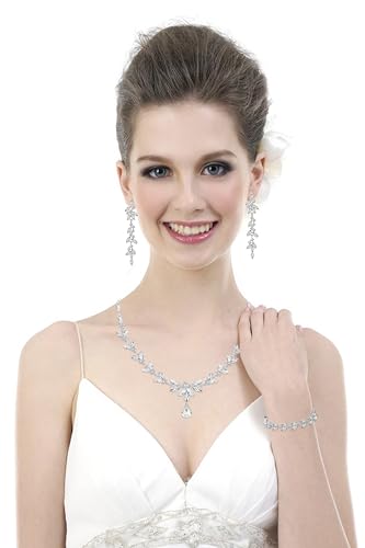 Paxuan Wedding Jewelry Sets for Bride Bridesmaid Bridal Jewelry Set for Women Wedding Crystal Necklace Earrings Bracelet Set for Party Prom Jewelry - color: White - Silver
