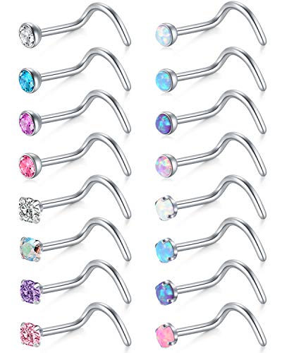 Briana Williams 20G Nose Screw Studs - Surgical Steel Nose Rings, 1.5mm, 2mm, 2.5mm CZ Inlaid Opal Nostril Piercing Jewelry - color: B -2mm colorful CZ & Opal