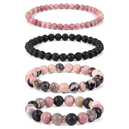 Vinswet 4pcs Beaded Bracelets for Women,Natural Healing Crystal Gemstones Bracelet,Anxiety Stress Relief Bracelet Handmade purple Jewelry Gifts for Women - color: Pink zebra&Lava Rock&Rhodochrosite