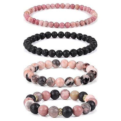 Vinswet 4pcs Beaded Bracelets for Women,Natural Healing Crystal Gemstones Bracelet,Anxiety Stress Relief Bracelet Handmade purple Jewelry Gifts for Women - color: Pink zebra&Lava Rock&Rhodochrosite