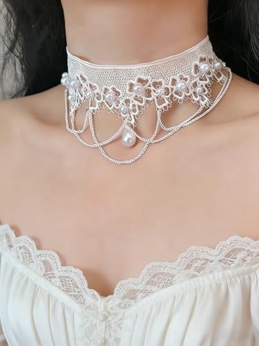 Lace Choker Necklace for Women Tassel Pendant Choker Necklaces Elegant Boho Collar Necklaces Statement Artistic Chain Necklace with Pearl Halloween Party Cosplay Costume Jewelry - color: White Lace pearl-3