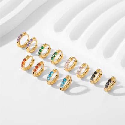 Hypoallergenic Unisex Surgical Steel Small Cubic Zirconia Huggie Hoop Earring, Color Gold - Silver - Rose Gold - Black - Rainbow, Size 6mm- 12mm Safe for Sensitive Ear - style: N03: 6MM - Gold - Green Cubic Zirconia