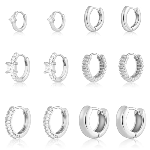 Wgoud Small Gold Hoop Earrings Set for Women, 6 Pairs 14K Gold Plated Hypoallergenic Lightweight Huggie Hoops Earrings, Trendy Cartilage Cubic Zirconia Earrings for Women Gifts. - color: C-Silver hoops