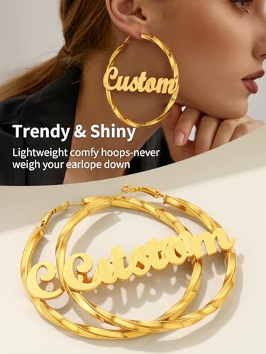 FindChic Twisted Hoop Earrings for Women, Silver/Black/14K Gold Plated Hypoallergenic Hollow Tube Rounded Loop Earrings, 30mm/40mm/60mm/80mm Hoops with Custom Name Options and Gift Box - color: f.Gold (Custom Name), size: 80MM
