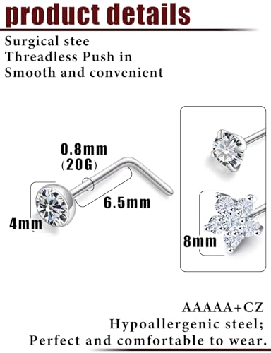 Prjndjw 20G Big Nose Stud Large Nose Studs Surgical Stainless Steel Straight Nose Studs 4mm CZ Paved CZ Nose Rings with 6-CZ Flower Ring for Women Men 11 Pieces - color: 4mm CZ Big 20G Silver L-shaped Nose Stud