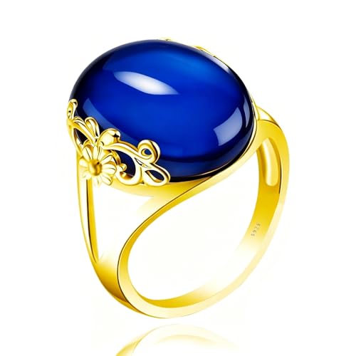 Oval Crystal Gemstone Floral Ring, 14K Gold Plated S925 Sterling Silver, Vintage Boho Statement Ring for Women - color: Floral_D blue
