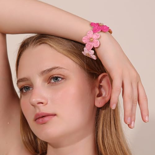 RUOFFETA Raffia Flower Cuff Bracelet for Women, Floral Chunky Bangle Wide Open Cuff Statement Bracelet - color: Hot Pink Ombre