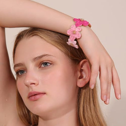 RUOFFETA Raffia Flower Cuff Bracelet for Women, Floral Chunky Bangle Wide Open Cuff Statement Bracelet - color: Hot Pink Ombre