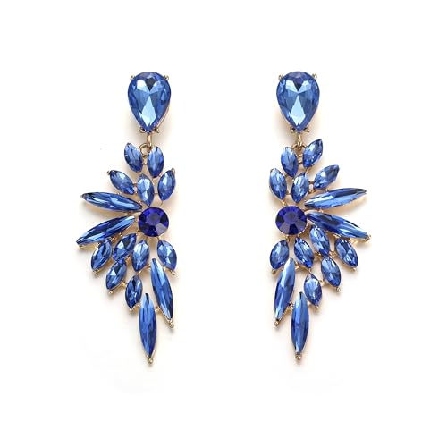 Women's Wedding Bridal Earrings Prom Dangle Earring | Shiny Crystal Teardrop Multi Marquise Cluster for Bride Bridesmaid Bling Jewelry Costume Party Accessories - color: 14-Blue Gold-Tone