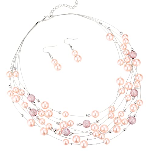 FULU AUTUMN Layered Pearl Necklace Multi-strand Pearl Choker Necklaces for Women Beaded jewelry for Wedding Parties - color: 37-Pink