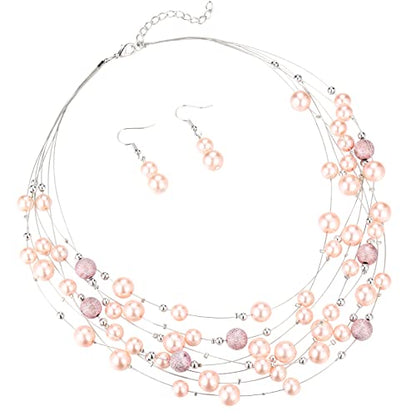 FULU AUTUMN Layered Pearl Necklace Multi-strand Pearl Choker Necklaces for Women Beaded jewelry for Wedding Parties - color: 37-Pink