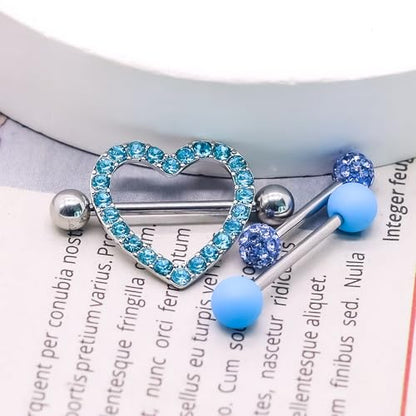 14G Nipple Rings for Women 316L Stainless Steel Heart,Butterfly,Moon,Devil,Flower Nipple Barbell CZ Nipple Rings Set Nipplerings Piercing Jewelry - color: BLIE