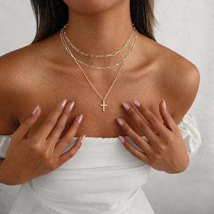 Gold Necklace for Women 14K Gold Plated Layered Cross Bar Necklace Herringbone Figaro Paperclip Flat Chain Cute Charm Accessories Non Tarnish Jewelry Set Gifts for Women - style: R-NK-07-Big cross-GD