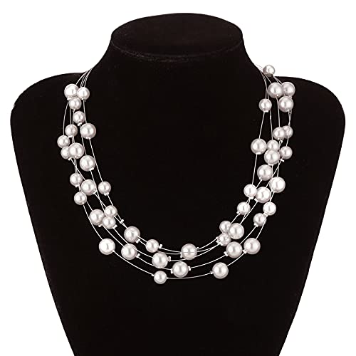FULU AUTUMN Layered Pearl Necklace Multi-strand Pearl Choker Necklaces for Women Beaded jewelry for Wedding Parties - color: Grey