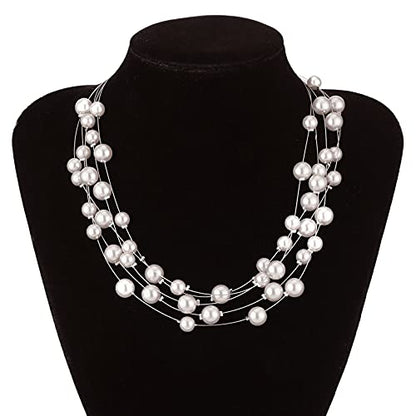 FULU AUTUMN Layered Pearl Necklace Multi-strand Pearl Choker Necklaces for Women Beaded jewelry for Wedding Parties - color: Grey
