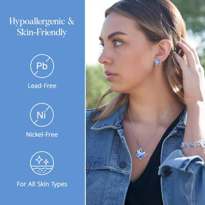 Butterfly Necklace, Birthstone Crystal, for Women, Silver Tone Pendant Jewelry, Anniversary Birthday Gift for Her, Wife & Mom, 18"+2" - color: 03-March & December Birthstone - Light Sapphire Blue Crystal