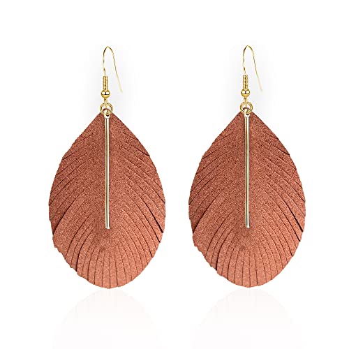 YUNXI Large Genuine Soft Leather Handmade Fringe Feather Lightweight Leaf with Simple Drop Metal Bar Tear Drop Dangle Color Earrings for Women - color: Brown