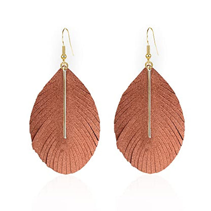 YUNXI Large Genuine Soft Leather Handmade Fringe Feather Lightweight Leaf with Simple Drop Metal Bar Tear Drop Dangle Color Earrings for Women - color: Brown