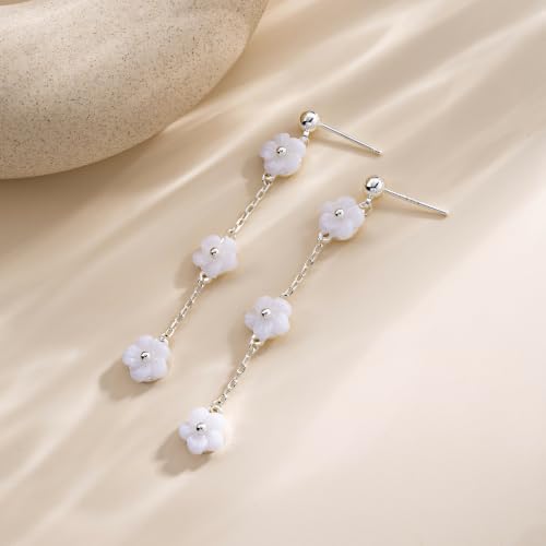 Earrings for Women - 14K Gold Plated Tassel Dangle Earrings | Leaf, Flower, Tassel Dangling Drop Earrings, Sparkling Wedding Bridal Prom Statement Jewelry Gift for Her - color: Silver Flower