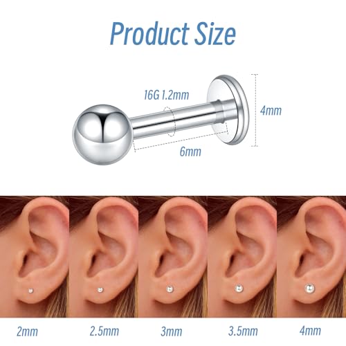 Xpircn Flat Back Stud Earrings 16G 18G 20G Tiny CZ Stud Earrings, Gold Flat Back Earrings, Threadless Cartilage Tragus Piercing Conch Helix Stud - color: Silver-Tiny Ball, size: 16G 6mm Bar