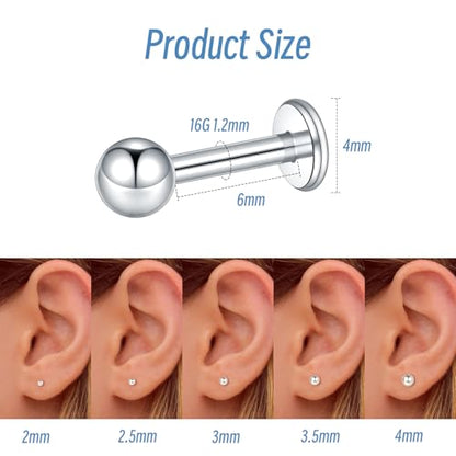 Xpircn Flat Back Stud Earrings 16G 18G 20G Tiny CZ Stud Earrings, Gold Flat Back Earrings, Threadless Cartilage Tragus Piercing Conch Helix Stud - color: Silver-Tiny Ball, size: 16G 6mm Bar
