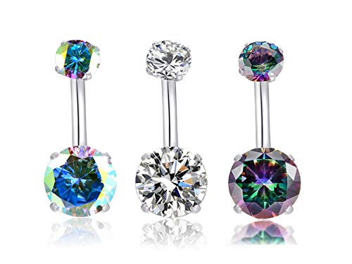 HQLA 14G Belly Button Rings Surgical Stainless Steel Round Cubic Zirconia Navel Barbell Stud Body Piercing - color: 3Pcs(Clear+AB+Black Colorful)