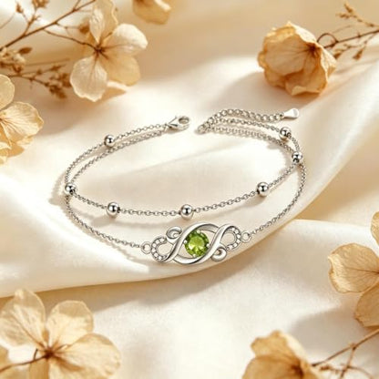 Dorunmo Birthstone Infinity Love Bracelet for Women 925 Sterling Silver Sparkling Gemstone Double Layered Adjustable Bracelets Birthday Jewelry Gifts for Mom Women - color: 08-Aug-Peridot