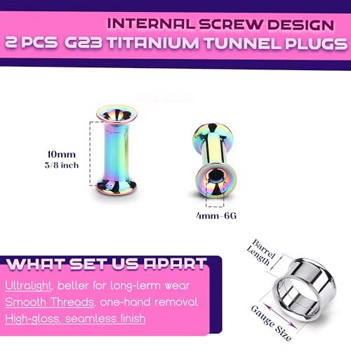 2Pcs G23 Titanium Double Flared Earrings Internally Threaded Gauges for Ears Weights Eyelet Tunnel Plug Stretching Kit From 3mm to 25mm Women Men - color: Rainbow, size: 4mm-6G