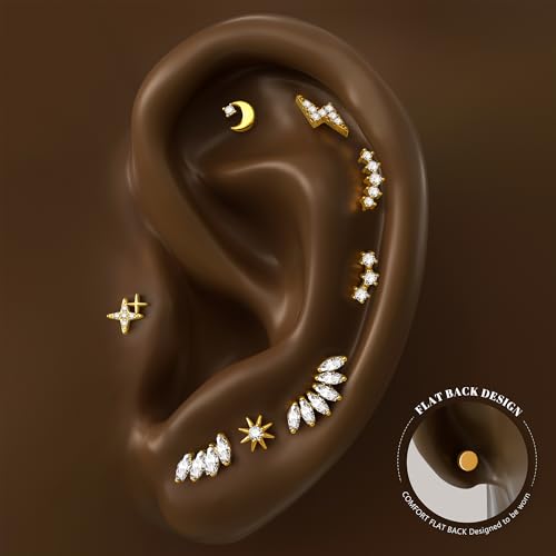 14K Gold Plated 925 Sterling Silver Flat Back Earrings Set | Hypoallergenic Cartilage Helix Conch Tragus Piercing Jewelry 3 Pairs Small Screw Dainty CZ Opal Earring Set Men Women - color: Gold, Style F